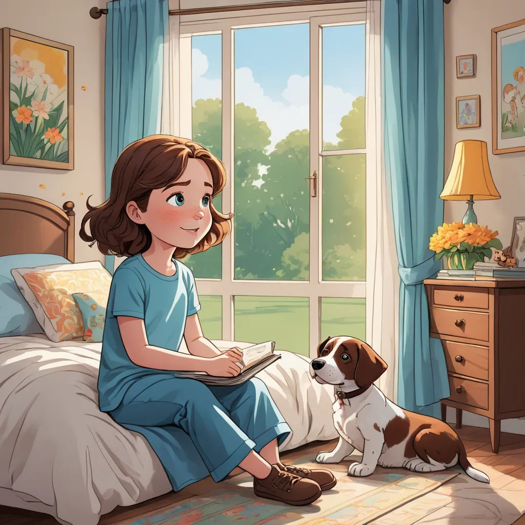 a girl sitting on a bed with a dog in front of her and a book in her hand, reading a story, american scene painting, a storybook illustration, Elinor Proby Adams, storybook illustration