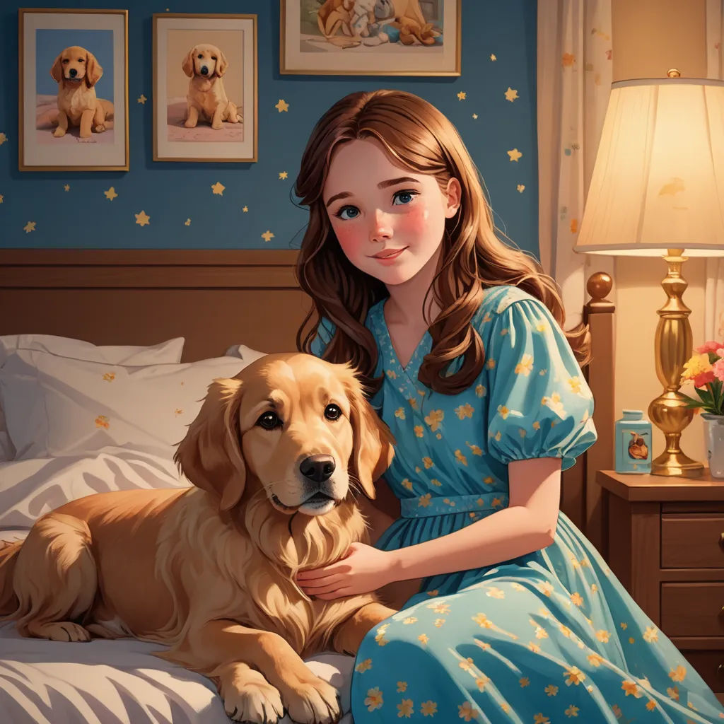 a painting of a girl and her dog on a bed with a blue wall and a gold lamp on the nightstand, furry art, a storybook illustration, disney, highly detailed digital painting