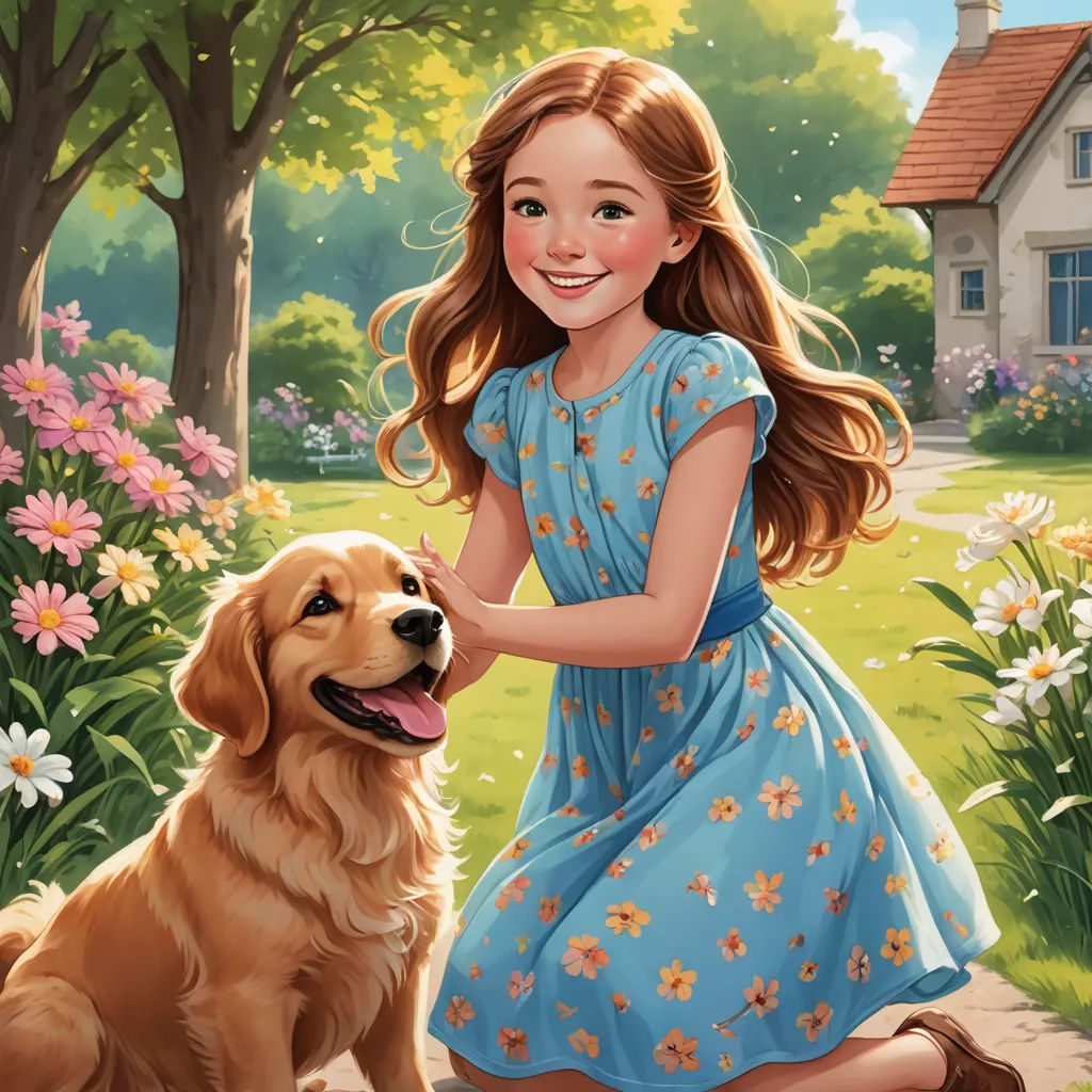 a girl in a blue dress petting a dog in a garden with flowers and trees in the background, american scene painting, a storybook illustration, Bob Byerley, kinkade
