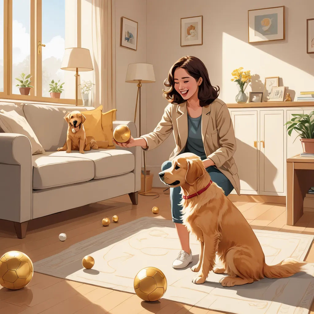 a woman is playing with her dog in the living room with balls on the floor and a dog sitting on the rug, american scene painting, a storybook illustration, Chris LaBrooy, rossdraws global illumination