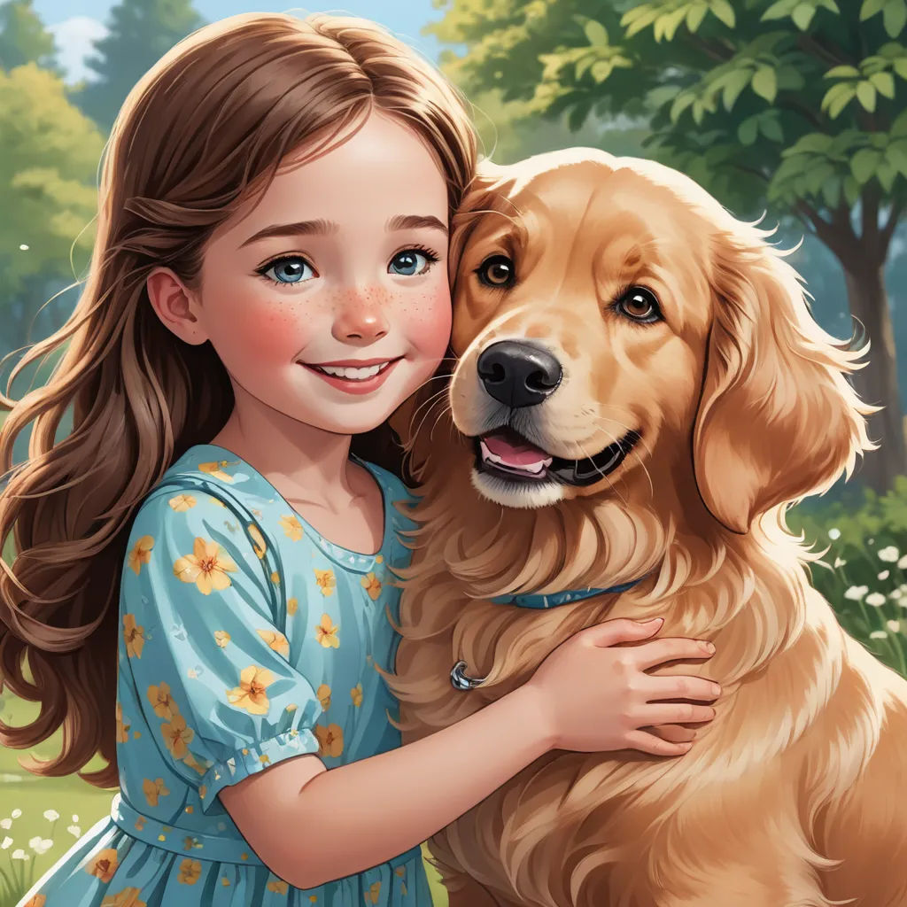 a girl hugging a dog in a park with trees in the background and a dog in the foreground, furry art, a storybook illustration, Edwin Georgi, professional digital painting