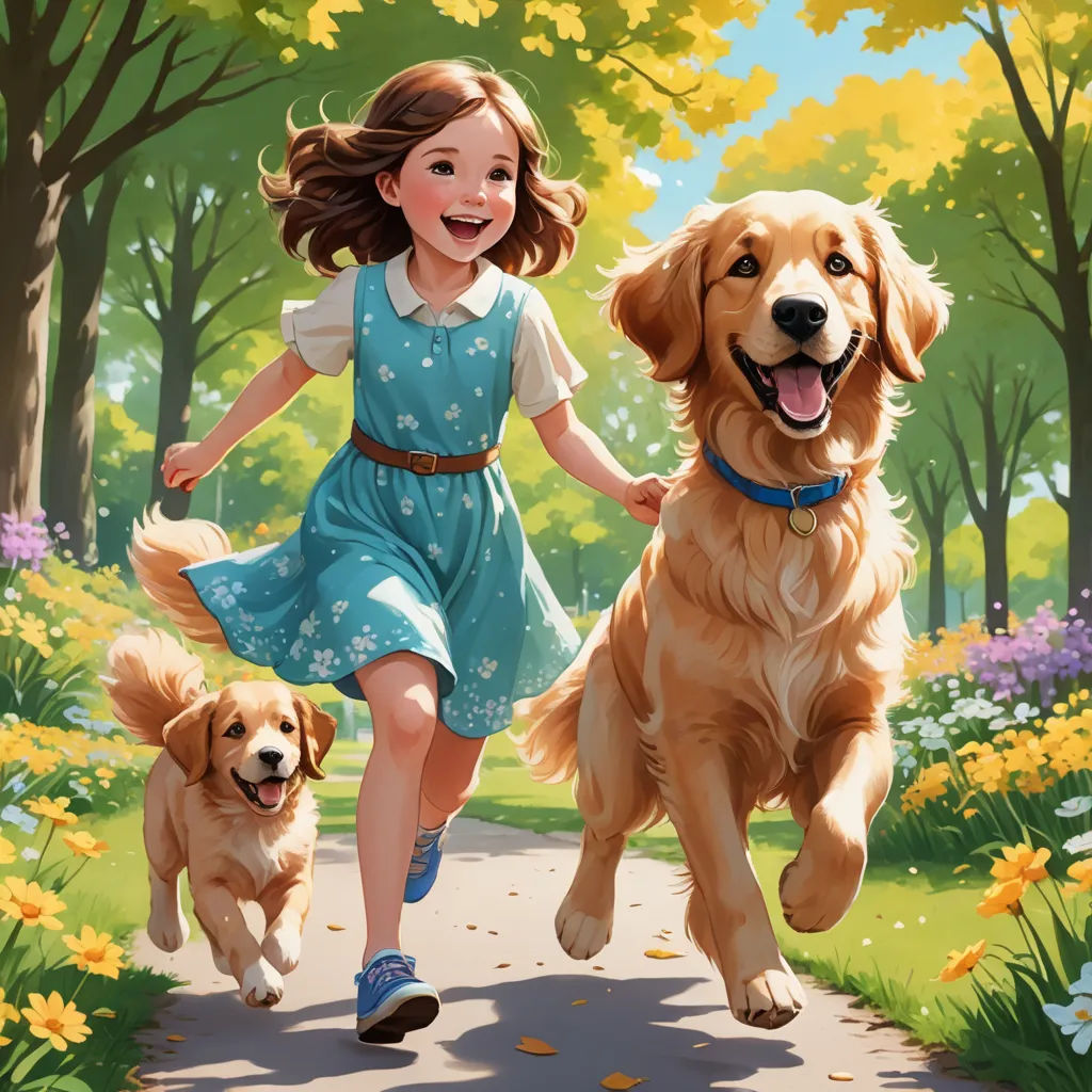 a girl and a dog are running down a path in the park together, with a dog behind them, american scene painting, a storybook illustration, Bob Byerley, official art