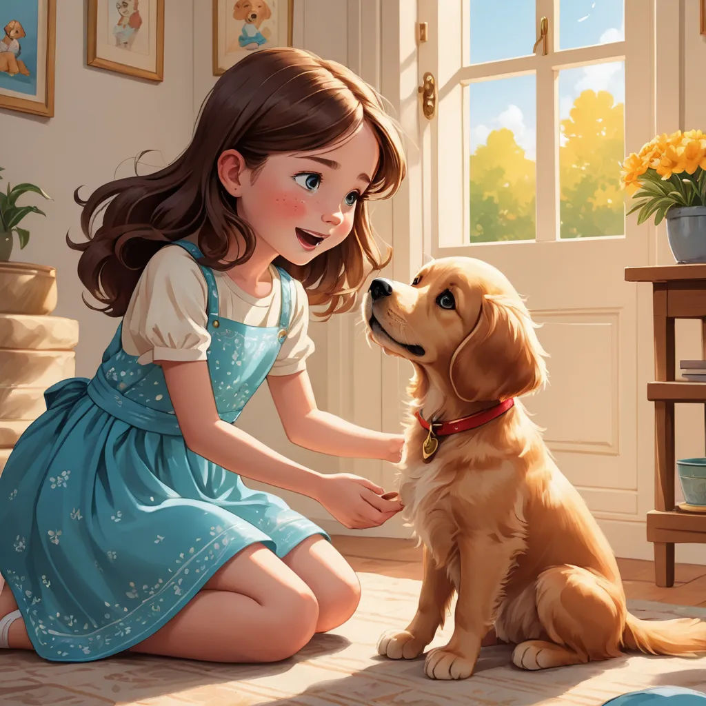 a little girl petting a dog in a room with a window and a potted plant on the floor, furry art, a storybook illustration, disney, storybook illustration