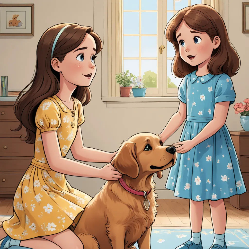 a girl petting a dog in a room with a window and a rug on the floor and a dog on the floor, furry art, a storybook illustration, Charles Schulz, storybook illustration