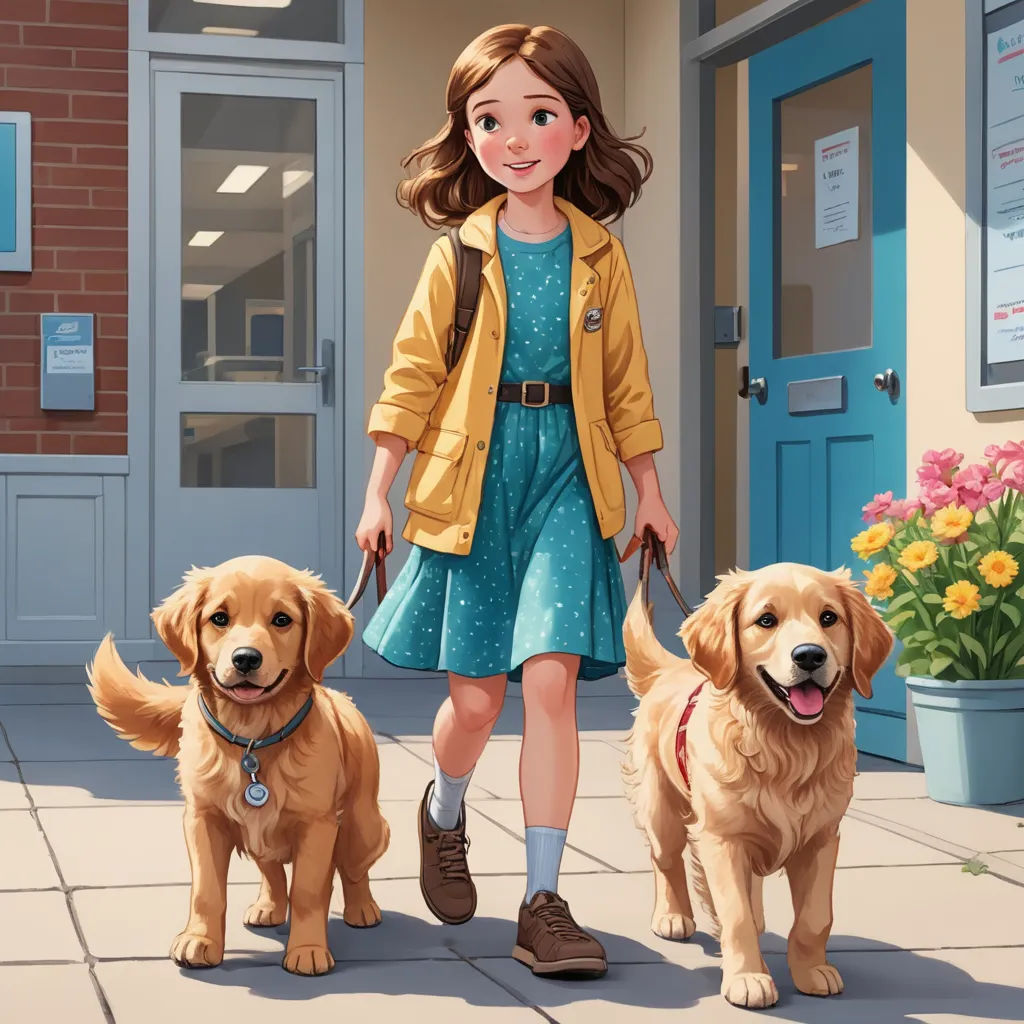 a girl walking two dogs in front of a building with a potted plant on the sidewalk and a potted plant on the sidewalk, american scene painting, a comic book panel, Colin Middleton, official art