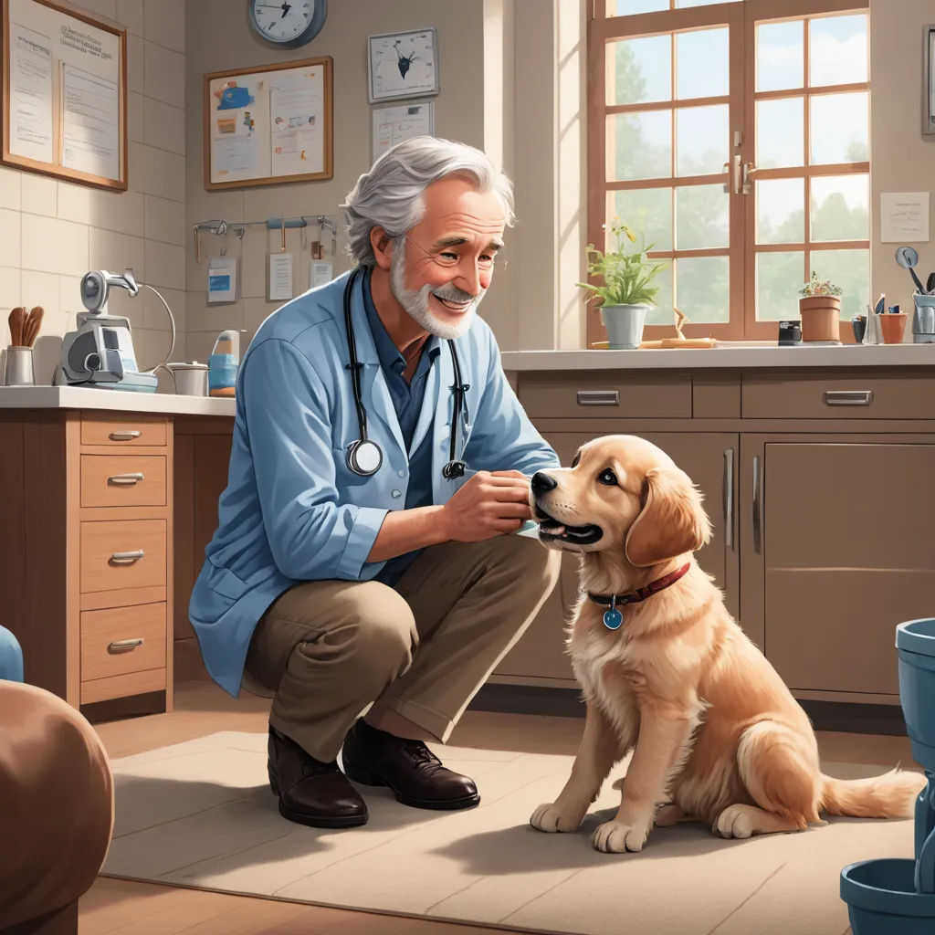 a man is petting a dog in a kitchen with a stethoscope on his neck and a dog sitting on the floor, american scene painting, a storybook illustration, David Brewster, professional digital painting