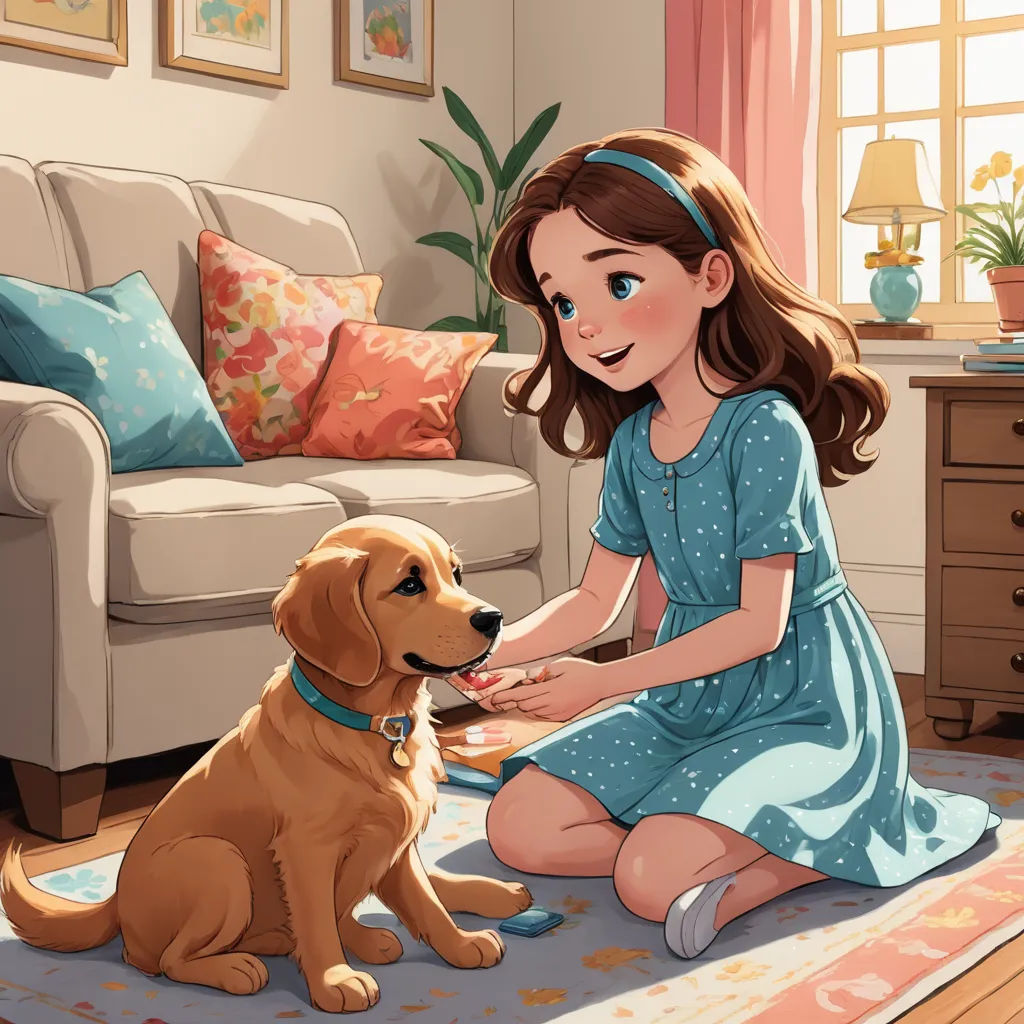 a girl petting a dog in a living room with a couch and a table with a lamp on it, furry art, a storybook illustration, disney, storybook illustration