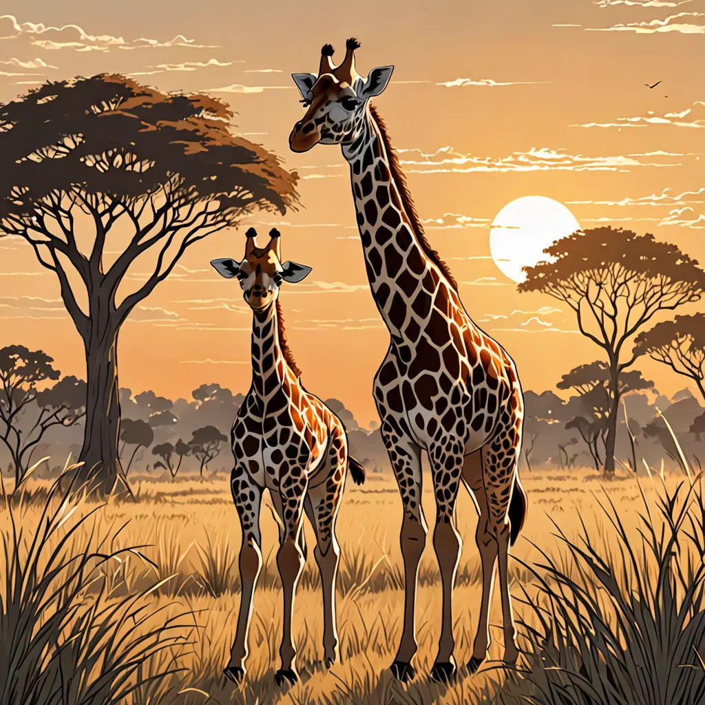 a couple of giraffe standing on top of a grass covered field next to a forest filled with trees, Brothers Hildebrandt, highly detailed digital painting, a storybook illustration, naturalism