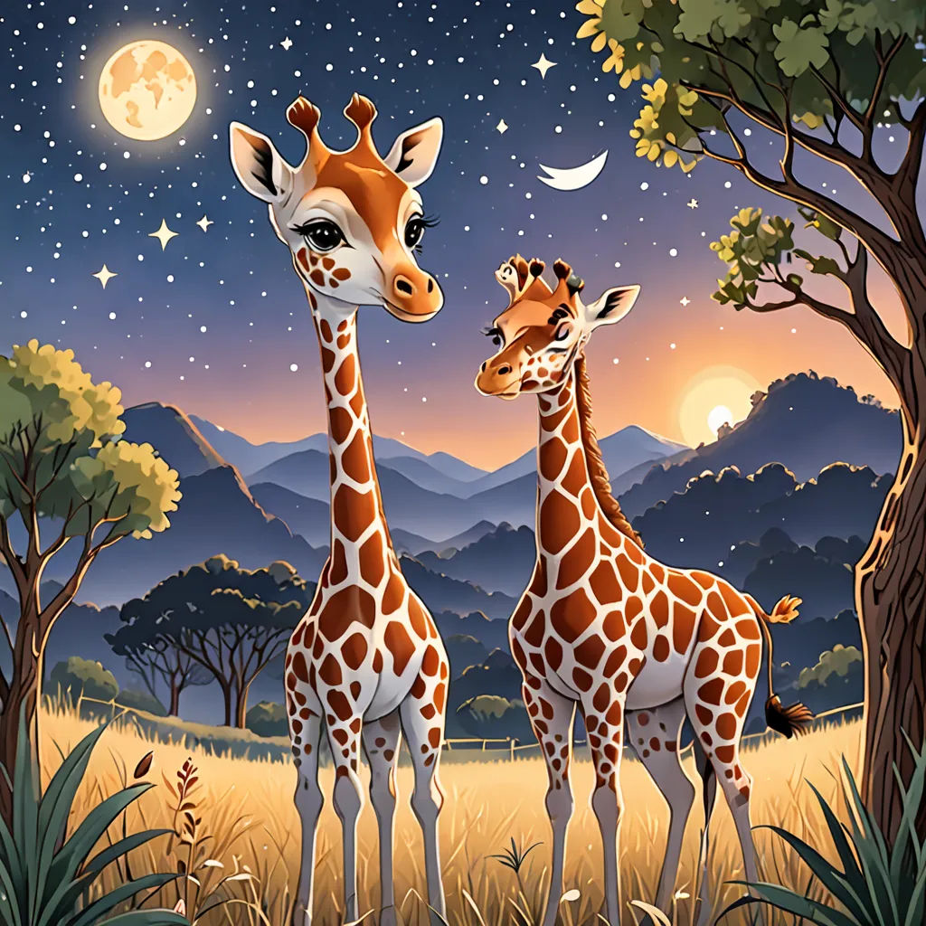 two giraffes standing in a field with a full moon in the background and trees and mountains, Chris LaBrooy, highly detailed digital painting, a storybook illustration, naive art