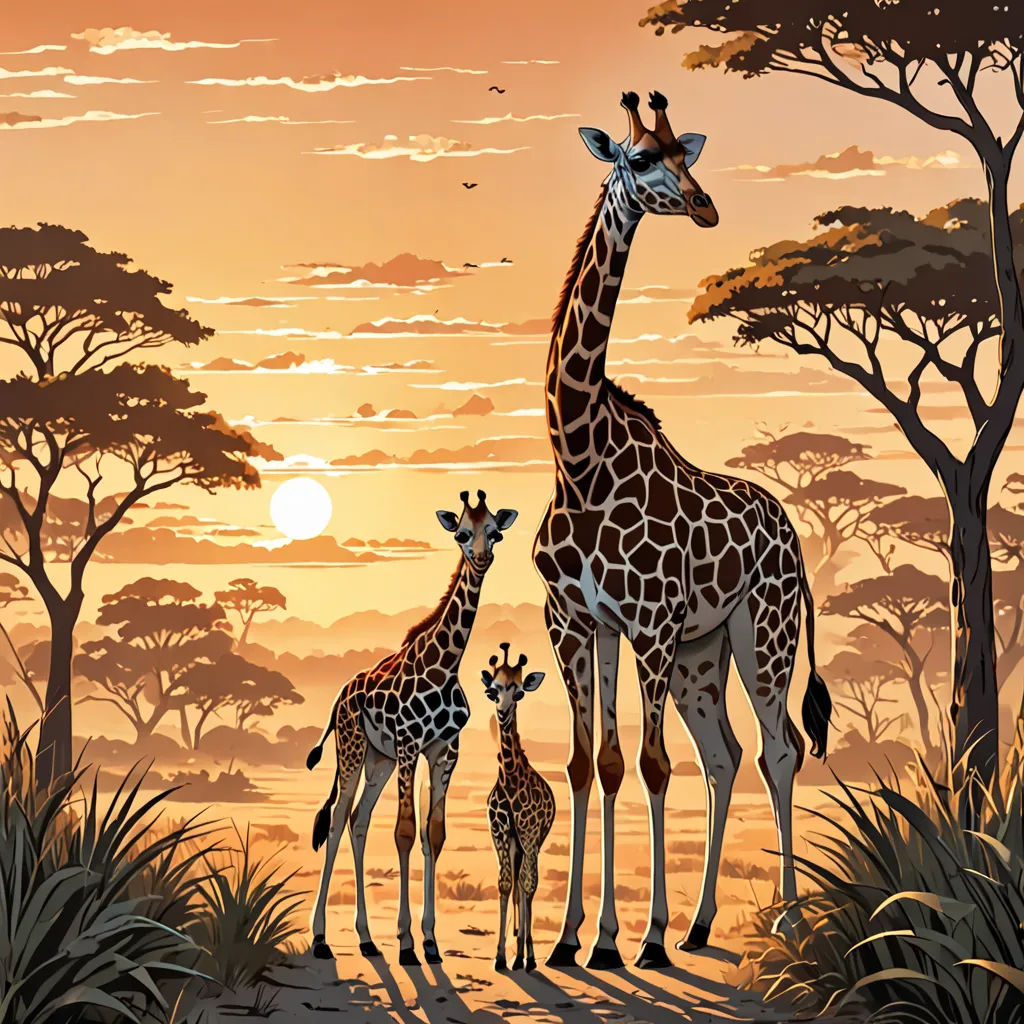 a painting of a giraffe and her baby in the wild at sunset with trees and bushes in the background, Chris LaBrooy, highly detailed digital painting, a storybook illustration, lyco art