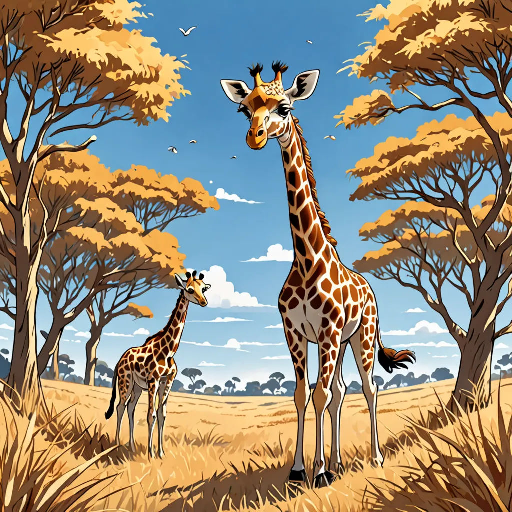 a giraffe and her baby in a field of grass and trees with a sky background with clouds, Chris LaBrooy, rossdraws global illumination, a storybook illustration, fantastic realism