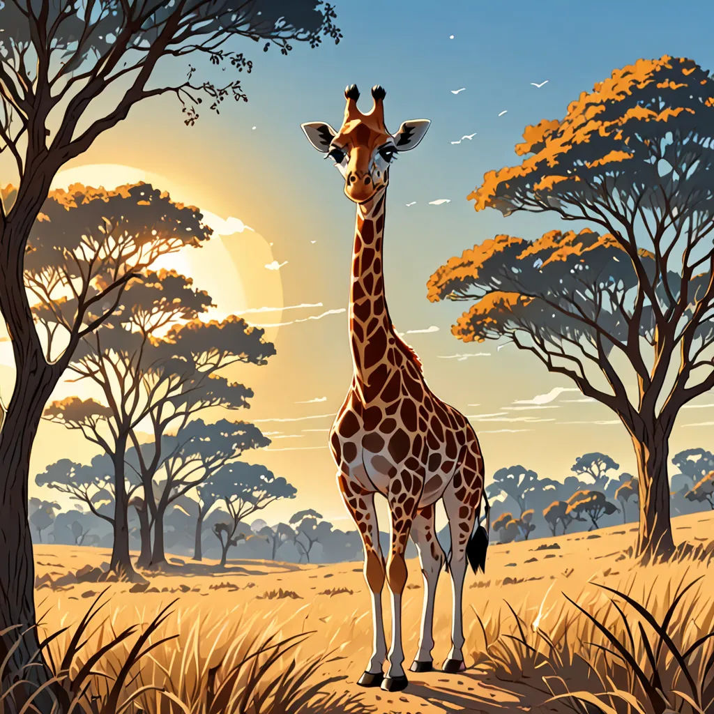 a giraffe standing in a field next to trees and a sun setting behind it with a sky background, Chris LaBrooy, highly detailed digital painting, vector art, fantastic realism