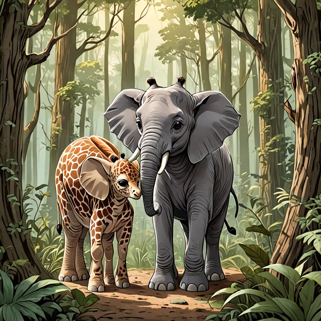 a baby giraffe standing next to an adult elephant in a forest with trees and foliage behind it, Chris LaBrooy, storybook illustration, a storybook illustration, fantastic realism