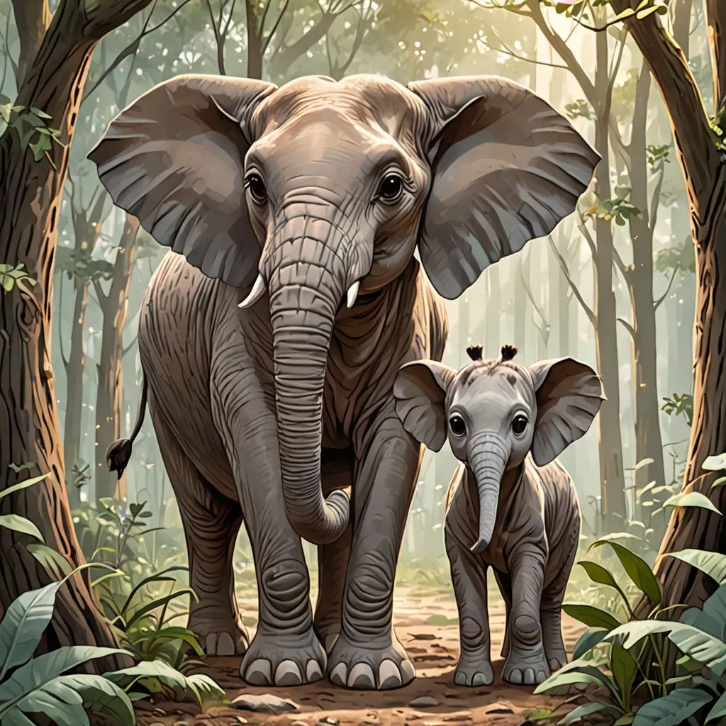 a painting of an elephant and its baby in a forest with trees and leaves on the ground and a sun shining through the trees, Chris LaBrooy, highly detailed digital painting, a storybook illustration, sumatraism