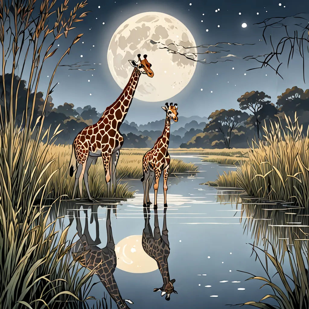 two giraffes are standing in the water at night with the moon in the sky above them, Chris LaBrooy, highly detailed digital painting, a storybook illustration, magic realism