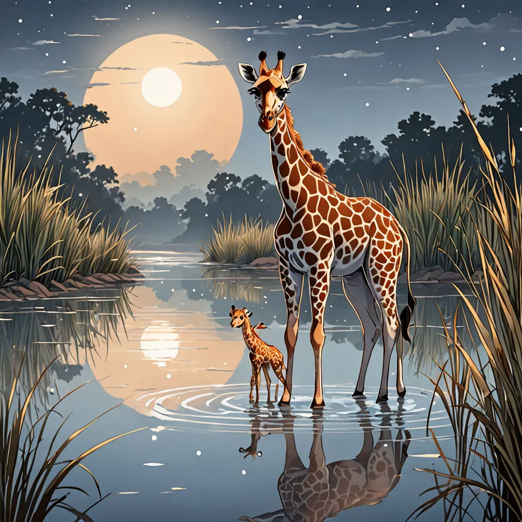 a giraffe and a baby giraffe are standing in a body of water at night with the moon in the background, Chris LaBrooy, highly detailed digital painting, a storybook illustration, magic realism