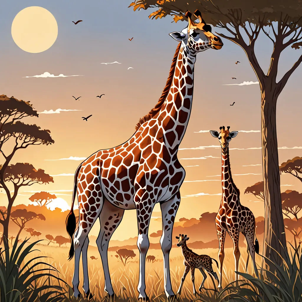 a giraffe and two baby giraffes in a field with trees and birds in the background, Chris LaBrooy, highly detailed digital painting, a storybook illustration, fantastic realism