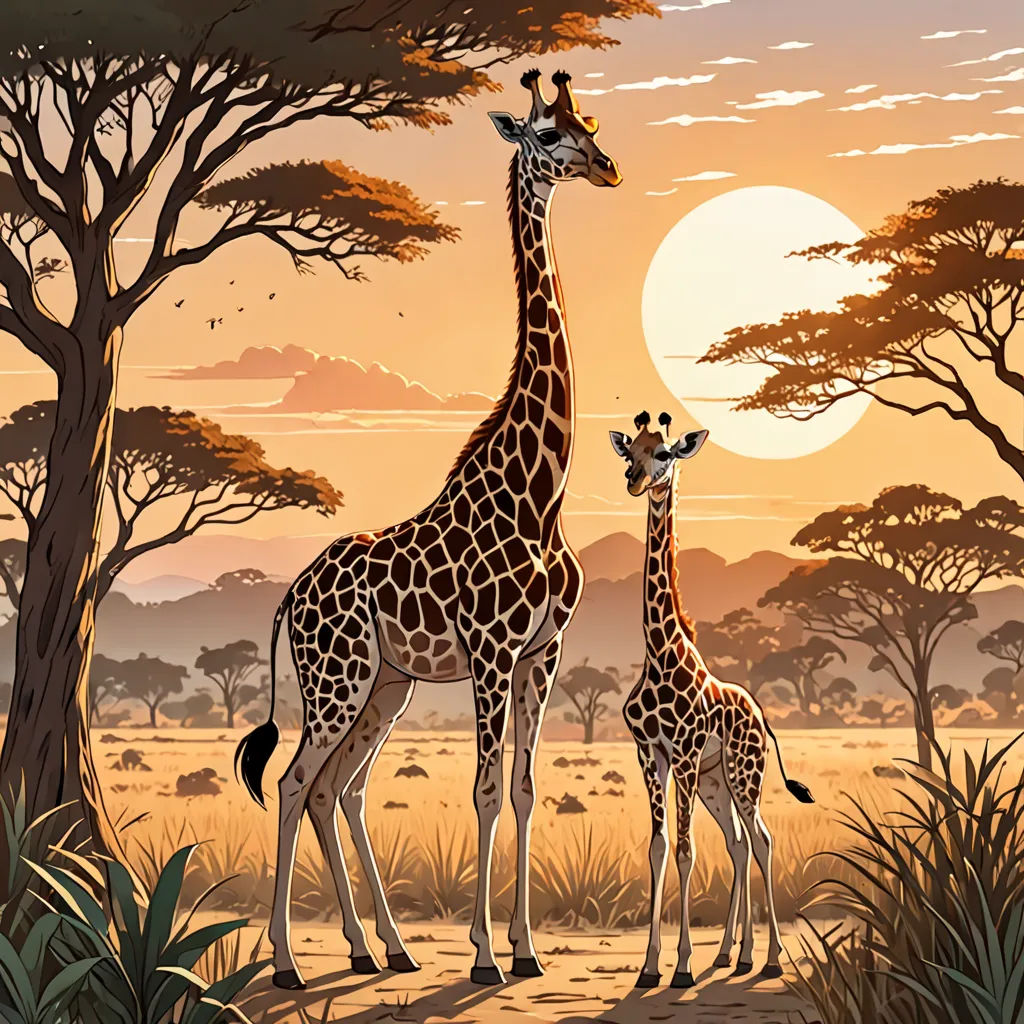 a couple of giraffe standing next to each other on a field of grass and trees with a sunset in the background, Chris LaBrooy, highly detailed digital painting, a storybook illustration, naive art