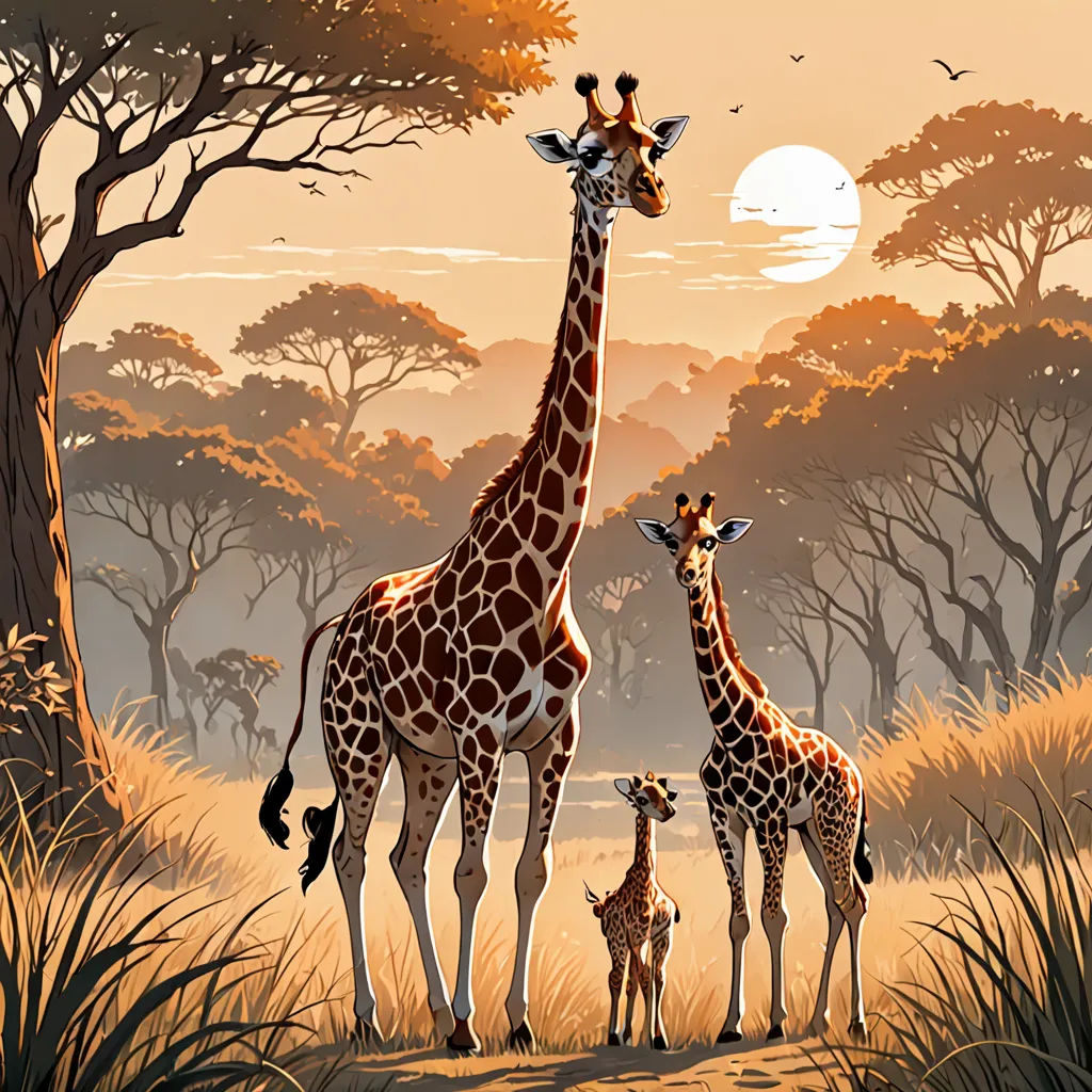 a family of giraffes standing in a field with trees and birds in the background at sunset, Chris LaBrooy, highly detailed digital painting, a storybook illustration, lyco art