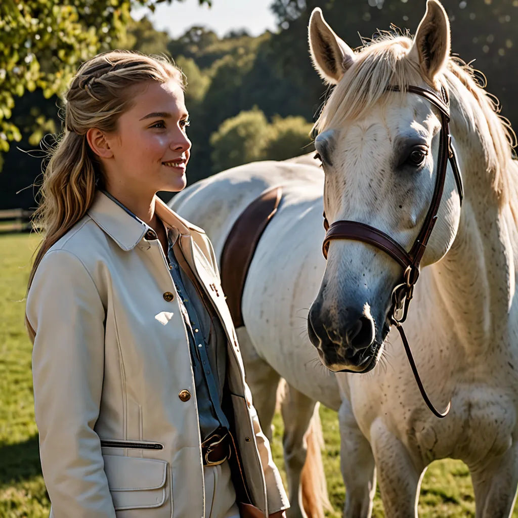 a woman standing next to a white horse in a field of grass and trees with a white horse behind her, naturalism, a character portrait, Christian Hilfgott Brand, promotional image