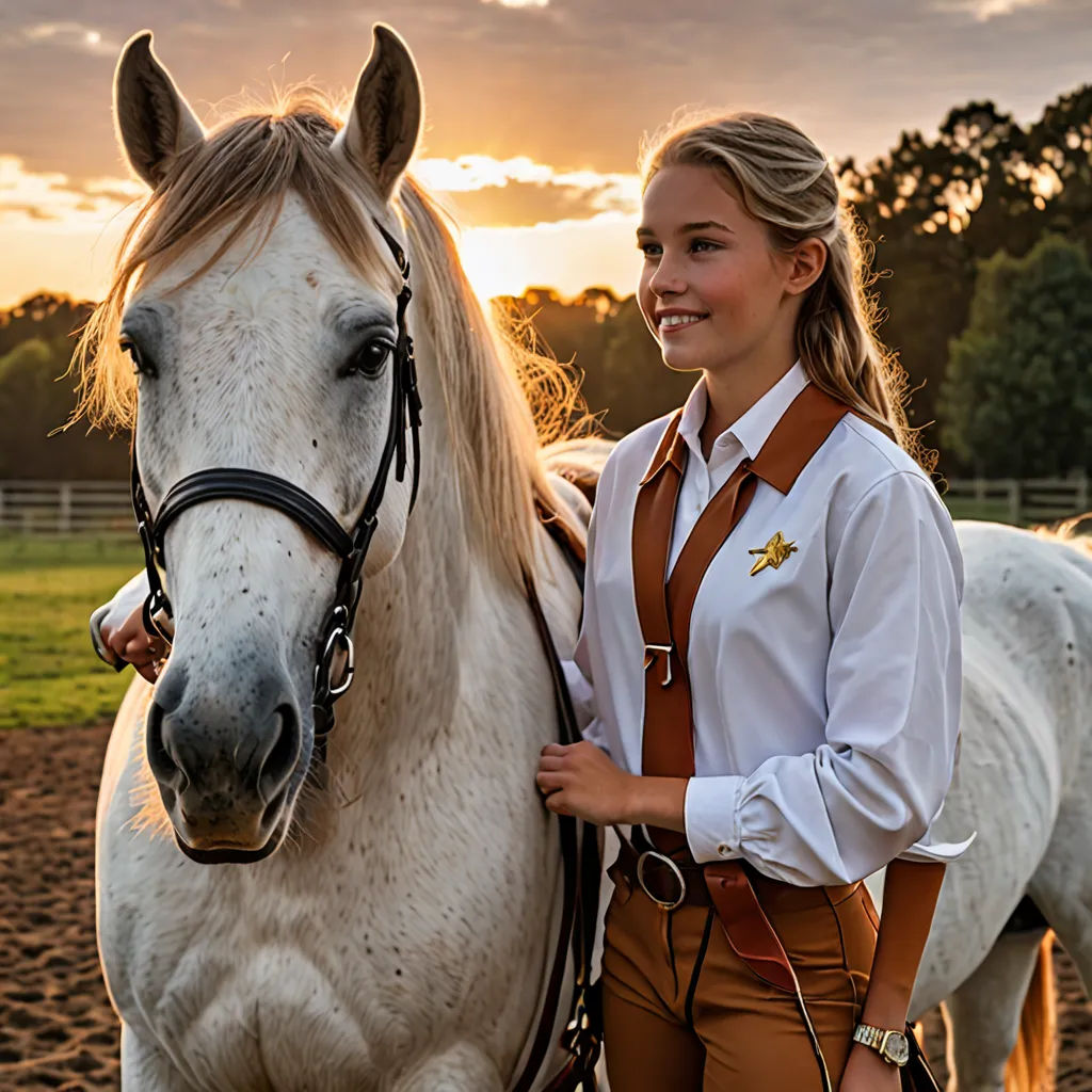 a woman is standing next to a horse in a field at sunset or sunrise time, with the sun setting behind her, art photography, a stock photo, Boleslaw Cybis, promotional image