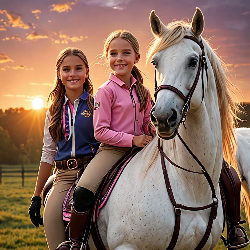 two girls are riding on a horse in a field at sunset or dawn, with the sun setting behind them, photorealism, a photorealistic painting, Christian Hilfgott Brand, 8k artistic photography