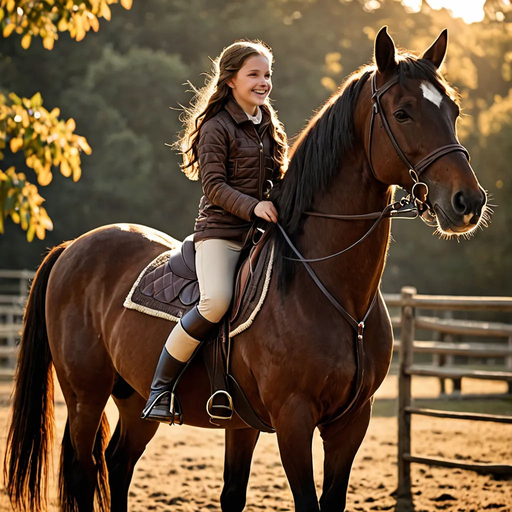 a girl riding a horse in a corral at sunset or dawn with the sun shining on her face, heidelberg school, a stock photo, Boleslaw Cybis, portrait photography