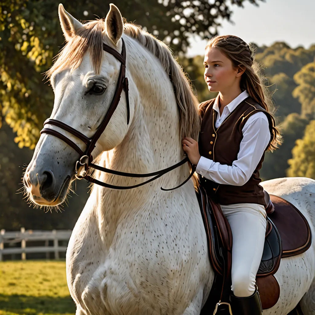 a woman riding on the back of a white horse in a field of grass and trees in the background, neoclassicism, a stock photo, Christian Hilfgott Brand, promotional image