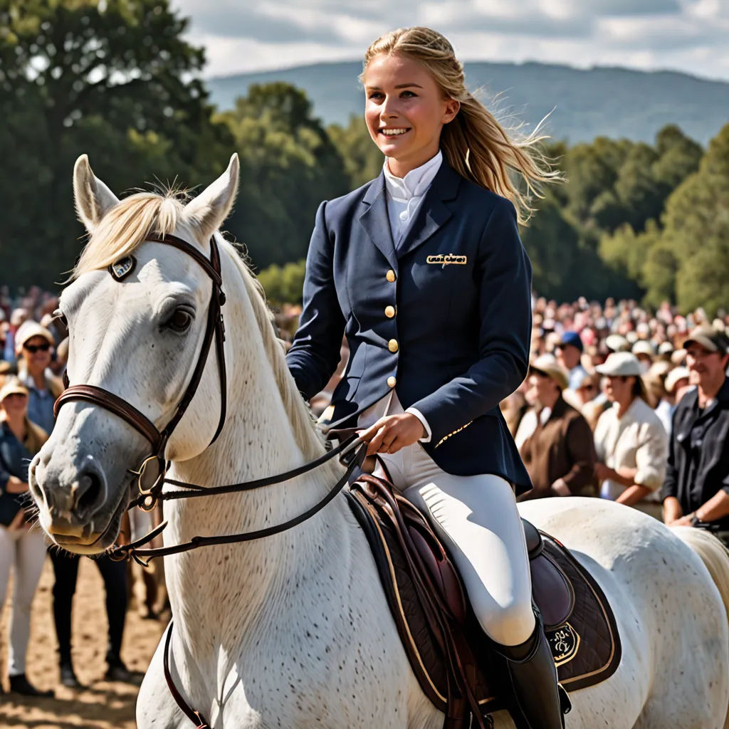 a woman riding on the back of a white horse in a field of people watching from behind her are trees, neoclassicism, a photorealistic painting, Christian Hilfgott Brand, promotional image