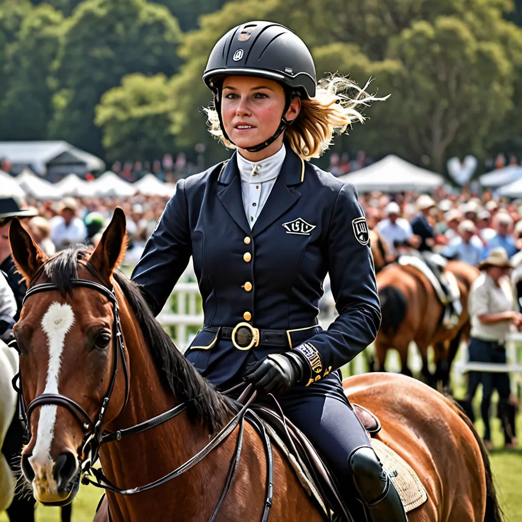 a woman in a riding uniform on a horse in a field of people in the background with tents and trees, neoclassicism, a character portrait, Bettina Heinen-Ayech, full round face