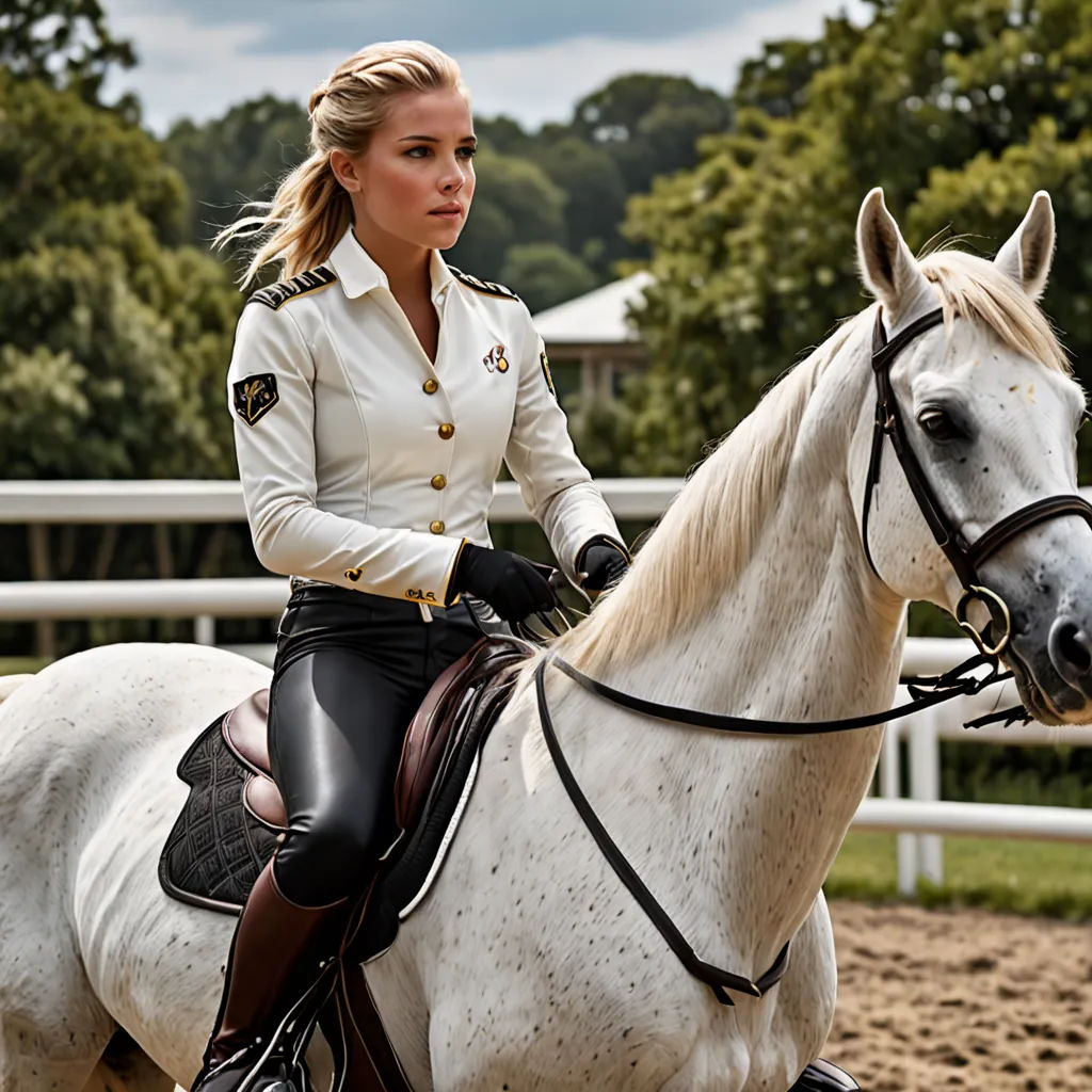 a woman in a uniform riding a white horse in a fenced in area with trees in the background, neoclassicism, a character portrait, Anna Katharina Block, promotional image