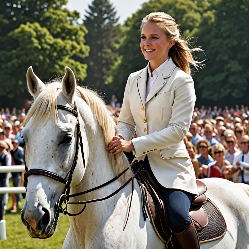 a woman riding a white horse in front of a crowd of people on a field of grass and trees, neoclassicism, a character portrait, Bettina Heinen-Ayech, promotional image