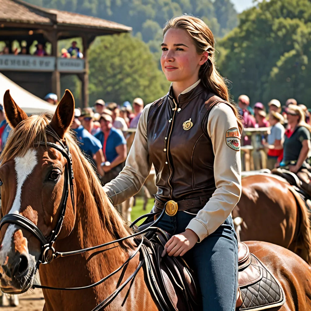 a woman riding on the back of a brown horse next to a crowd of people on a field of grass, aestheticism, a character portrait, Ancell Stronach, promotional image