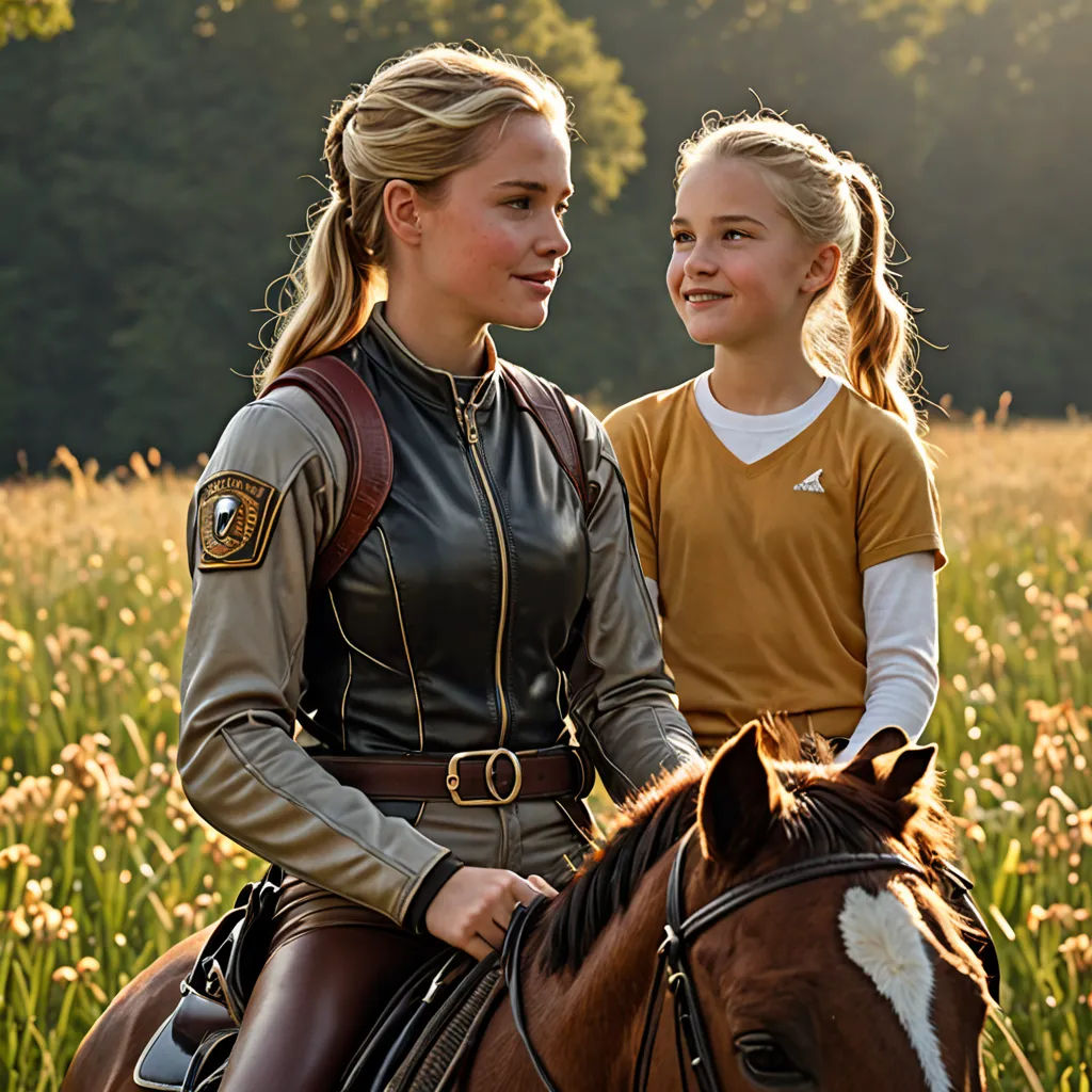 a girl and a girl riding on the back of a horse in a field of flowers and grass with trees in the background, aestheticism, a character portrait, Christian Hilfgott Brand, promotional image
