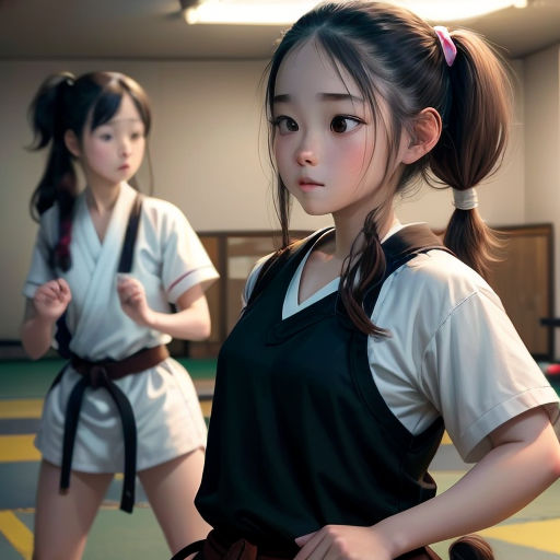 two young girls in a room with a karate uniform on and a belt around their waist, both of them wearing black and white