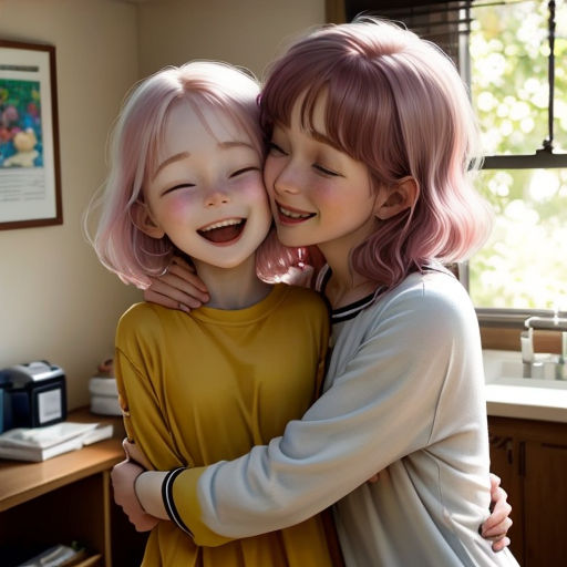 two girls hugging each other in a room with a window and a desk in the background with a painting on the wall