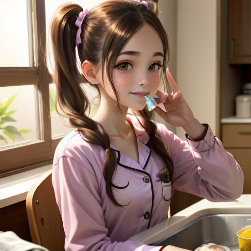 a girl brushing her teeth in a kitchen sink with a sink mat and a window behind her and a cup of orange juice in front of her