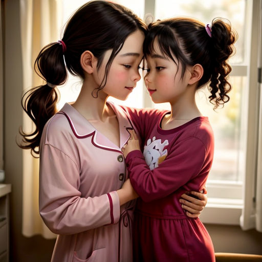 two young girls standing next to each other near a window with a window sill behind them and a window behind them