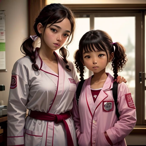 two young girls in pink and white robes standing next to each other in a room with a window and a door