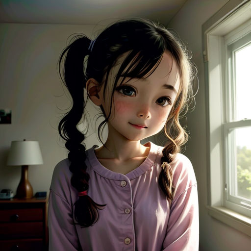 a girl with a ponytail standing in front of a window with a lamp on the side of the room