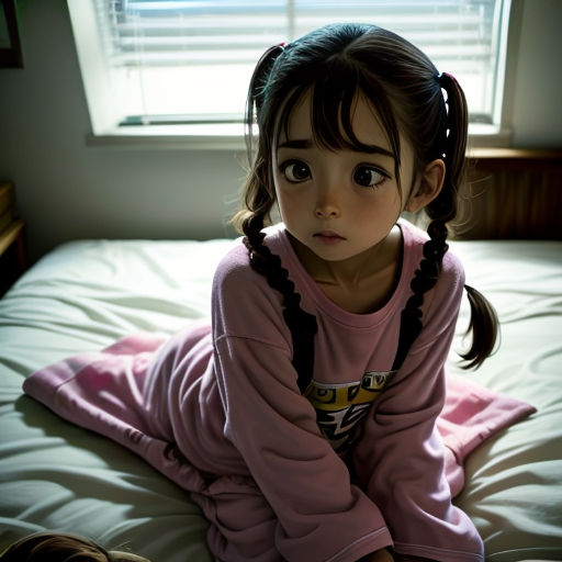 a little girl sitting on a bed with a pink shirt on and a black braid in her hair and a window behind her