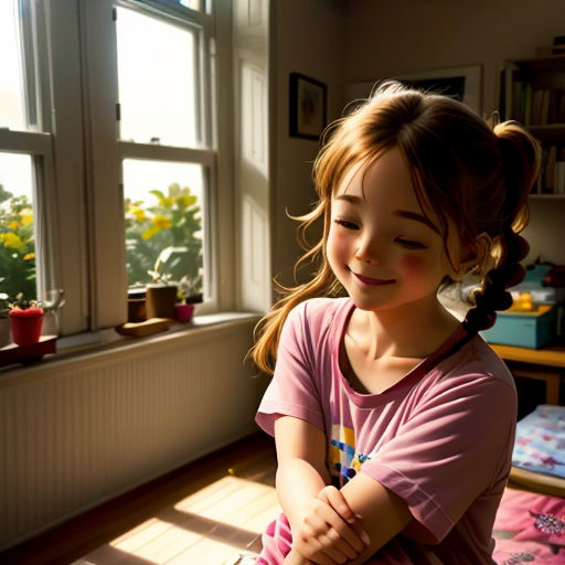 a little girl sitting on a bed in a room with a window and a rug on the floor and a potted plant in the window