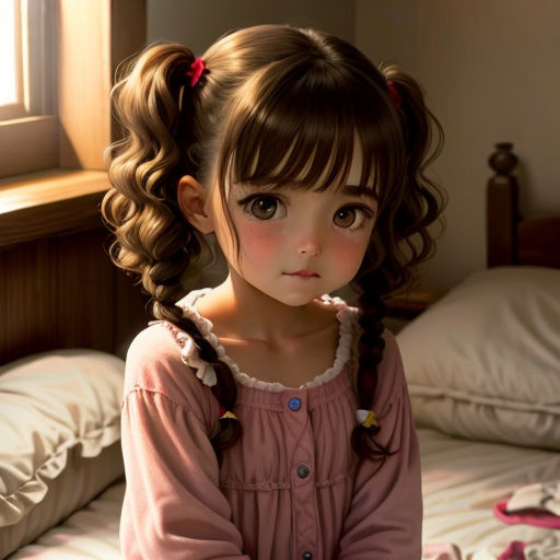 a little girl sitting on a bed with a pillow and a window behind her and a blanket on the bed