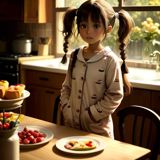 a little girl standing in front of a table with plates of food on it and a window in the background