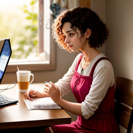 a woman sitting at a table with a laptop and a cup of coffee in front of her, writing on a notebook