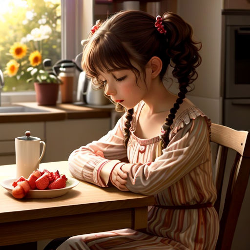 a little girl sitting at a table with strawberries in front of her and a cup of tea in front of her