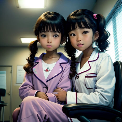 two young girls sitting next to each other in a room with a window and a chair in front of them
