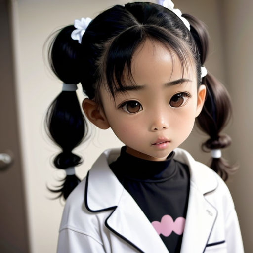a little girl with a ponytail and a white jacket on is looking at the camera and is wearing a black shirt and a white jacket