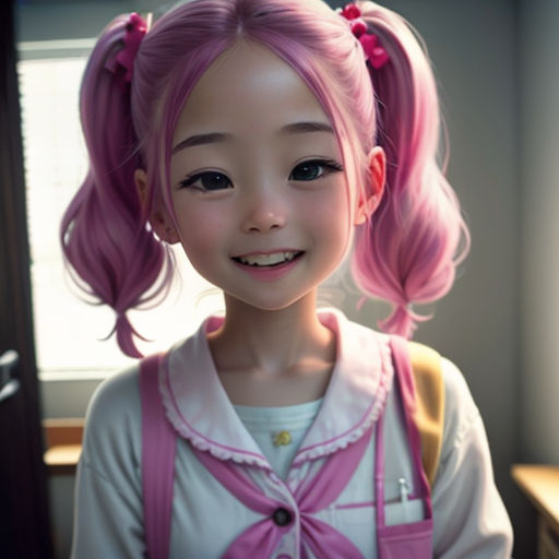a girl with pink hair and a pink bow around her neck and a pink backpack on her shoulder and a window behind her