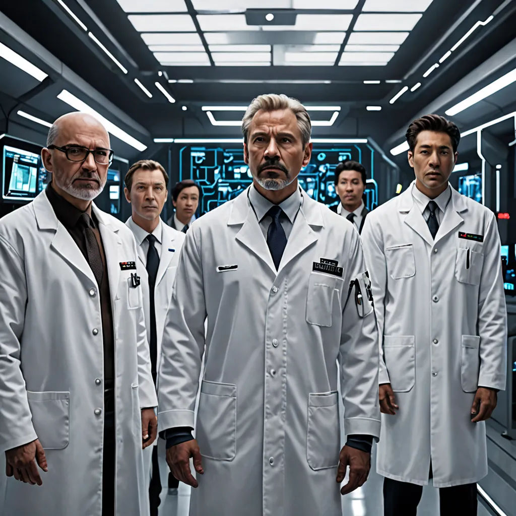 a group of men in white lab coats standing in a room with a ceiling light overhead and a large window, rayonism, a poster, David Park, promotional image